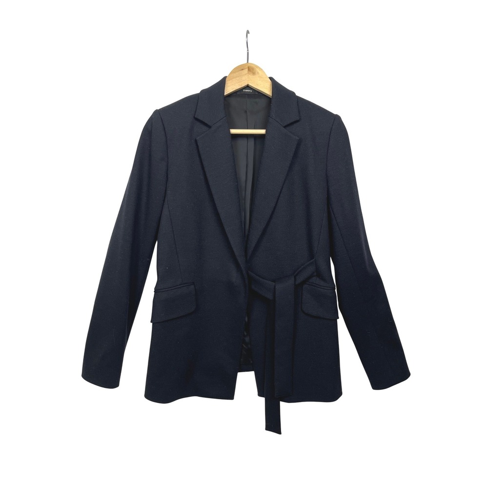 Theory Virgin Wool Belted Blazer 4 Black Quiet Luxury Officecore‎